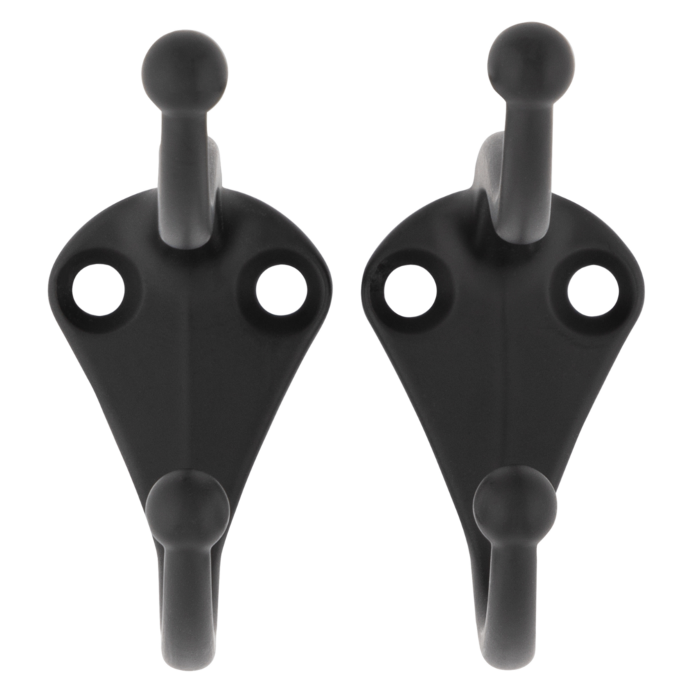Two matte black metal hooks with rounded ends and mounting holes for closet and storage organization under $50 collection