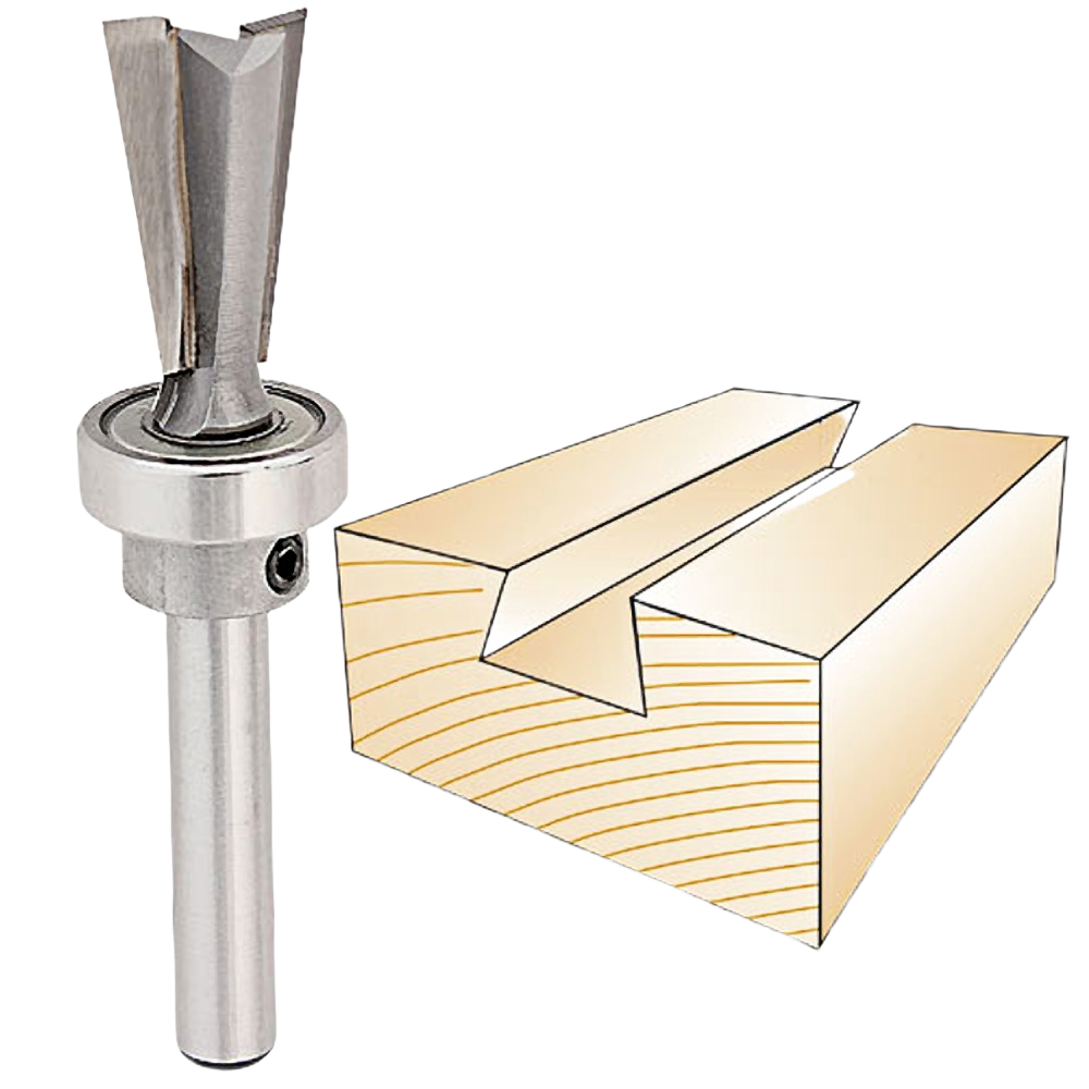 Carbide Whiteside dovetail router bit with bearing, shown with wood joint example for tool accessories and home improvement