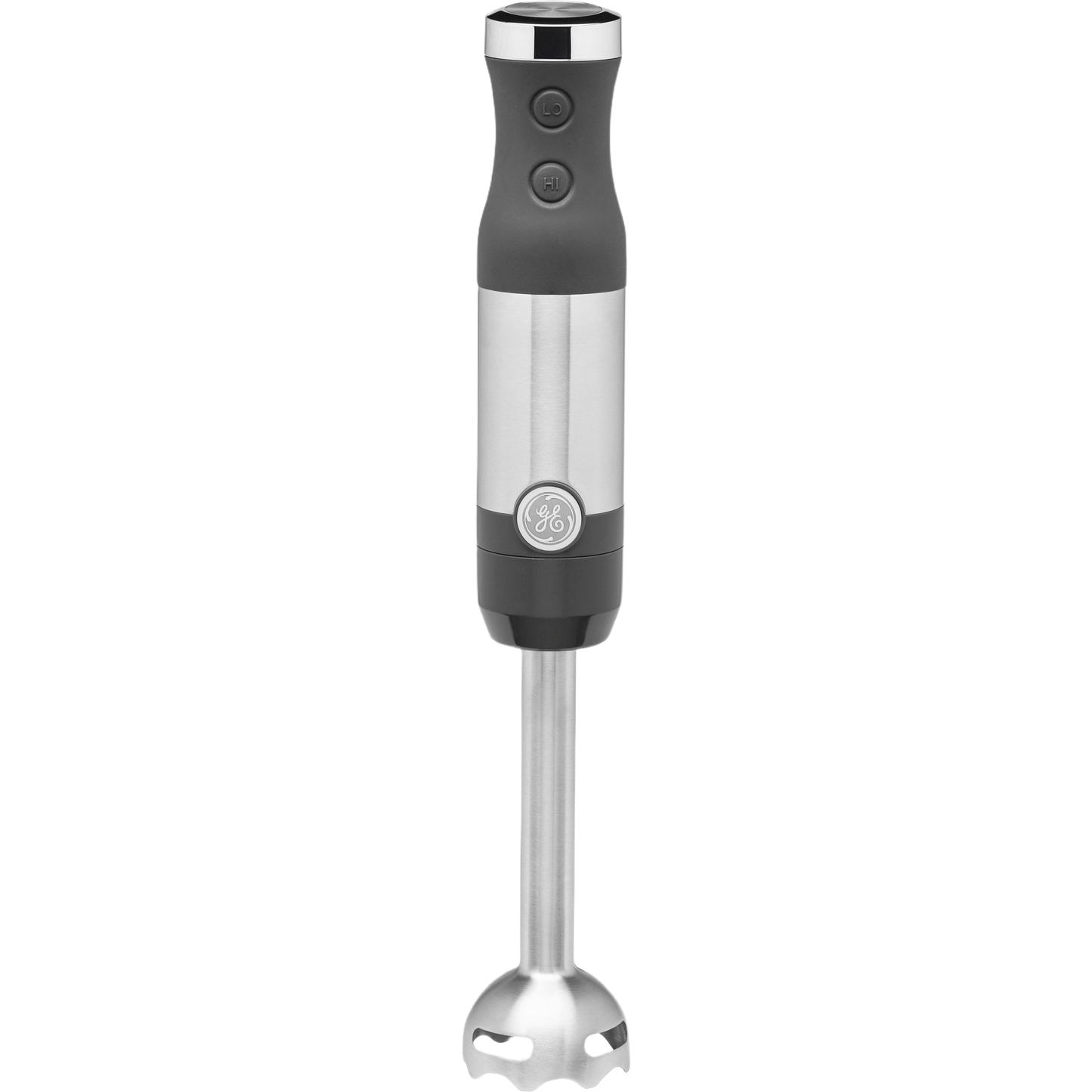 Stainless steel immersion blender with ergonomic black handle designed for efficient kitchen food blending tasks