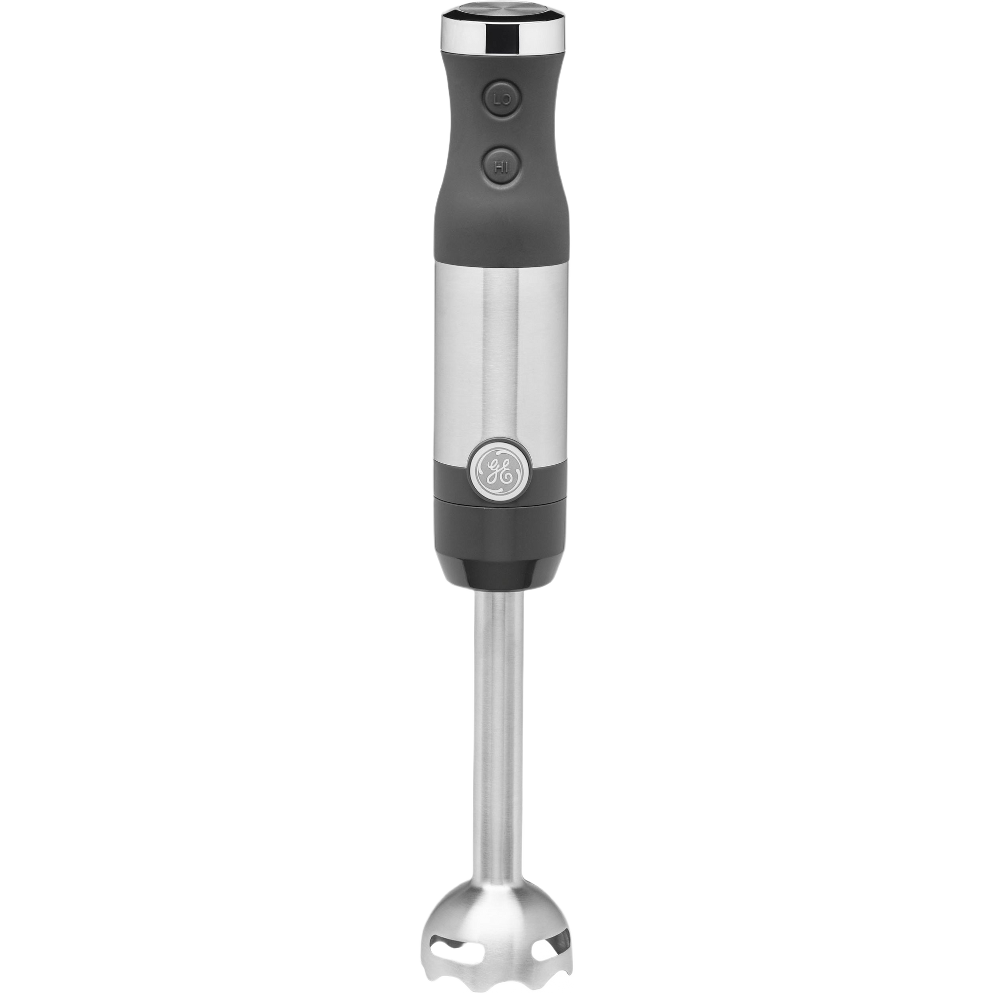 Stainless steel immersion blender with ergonomic black handle designed for efficient kitchen food blending tasks