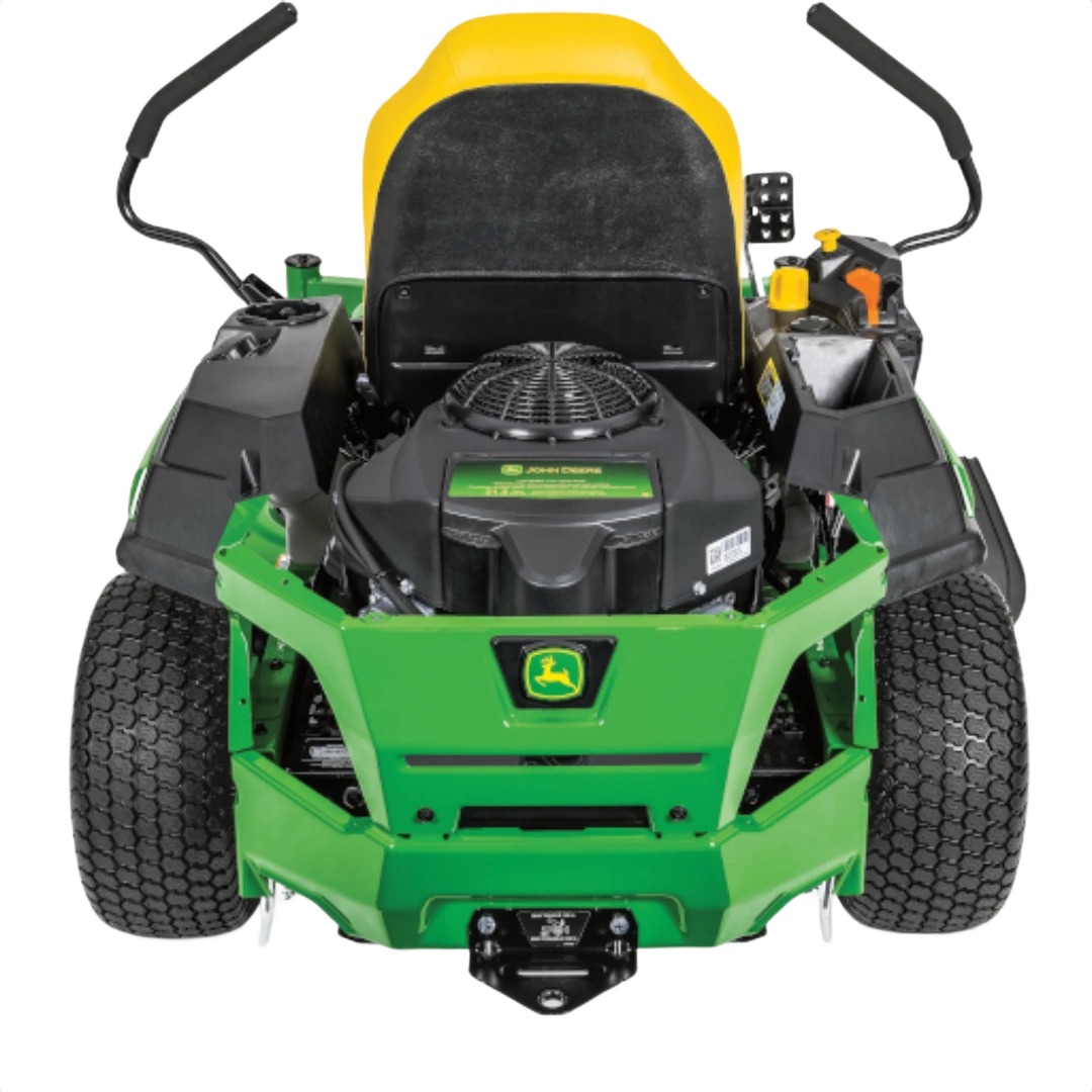 Compact green and yellow zero-turn mower featuring large rear tires and ergonomic control handles for home improvement tasks