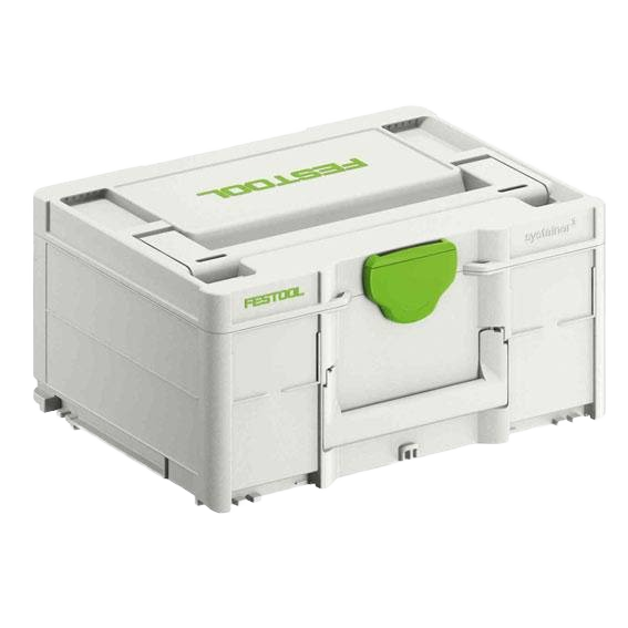 Compact white and green tool storage box from Festool designed for workshop organization and jobsite efficiency