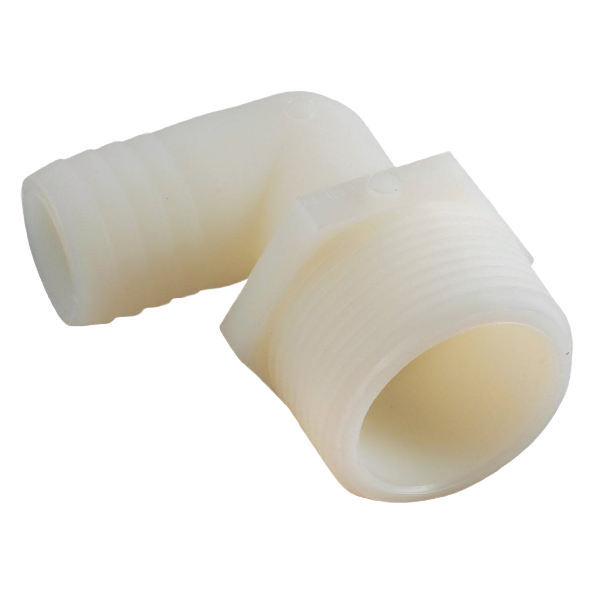 90-degree nylon elbow fitting with 1/4 inch barb and 3/8 inch male pipe thread for plumbing and irrigation systems