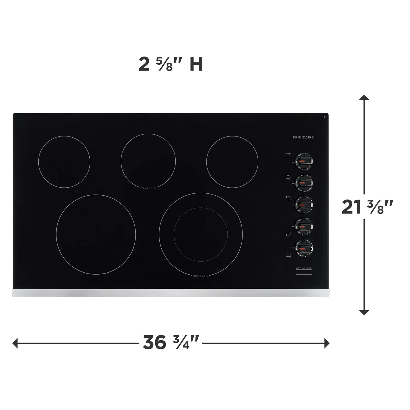 Black electric cooktop with five circular elements and side control knobs for kitchen appliance collection