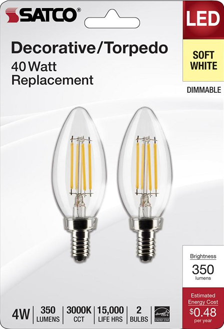 Pair of clear LED torpedo bulbs with dimmable soft white light, 350 lumens, for lighting and electrical collections
