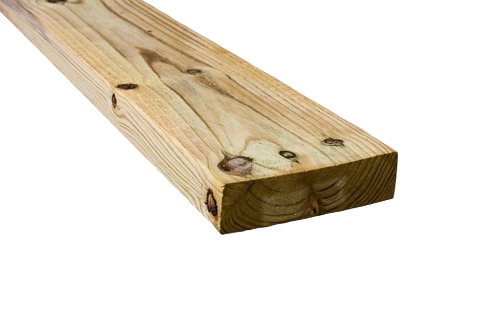 Single treated wood plank with natural grain and knots, ideal for home improvement and construction projects