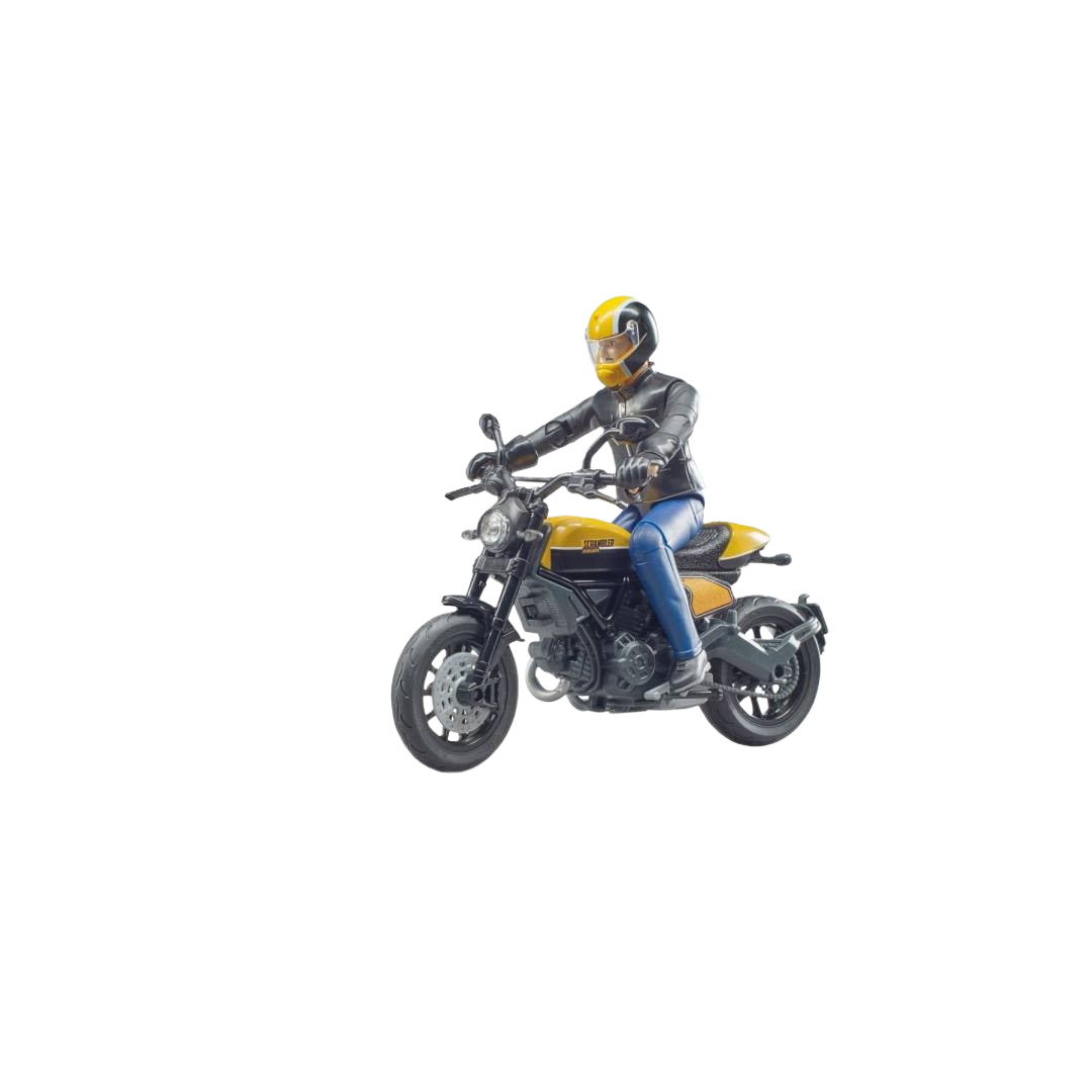 Yellow and black scrambler toy motorcycle with rider figure wearing matching helmet and casual riding gear
