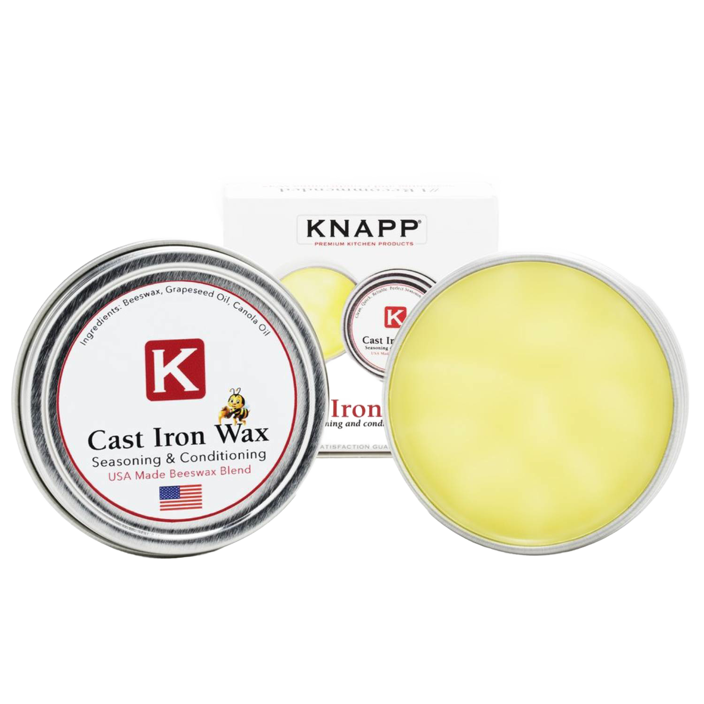 Tins of yellow seasoning wax for cast iron cookware with USA-made beeswax, in Kitchenware under $50 collection