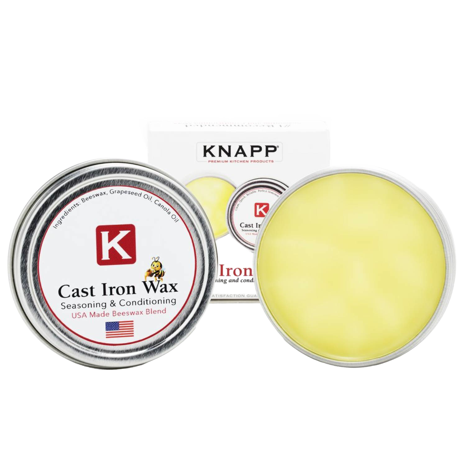 Tins of yellow seasoning wax for cast iron cookware with USA-made beeswax, in Kitchenware under $50 collection