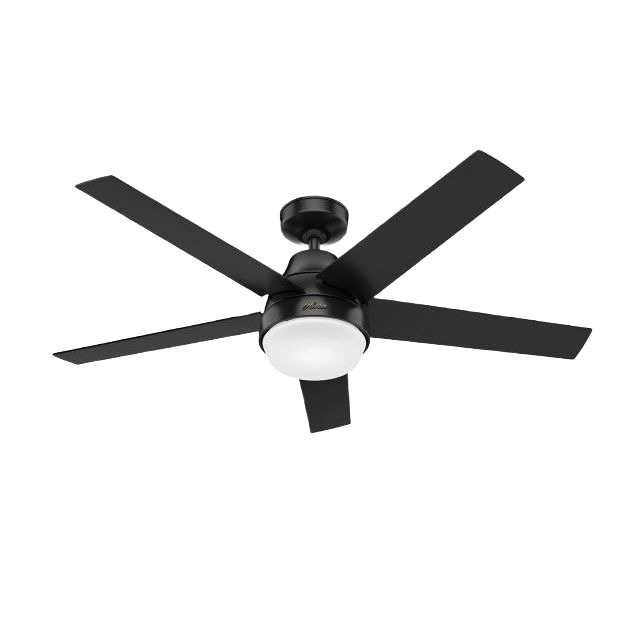 Matte black ceiling fan with five blades, integrated LED light, ideal for modern home lighting and décor.