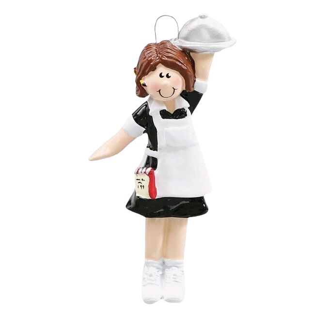 Personalized waitress ornament in black and white uniform holding a covered tray, from Christmas Ornaments & Tree Decorations collection under $50