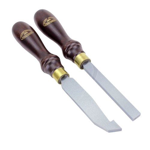Set of two thread chaser tools with wood handles and metal blades for restoring damaged threads in home improvement tasks