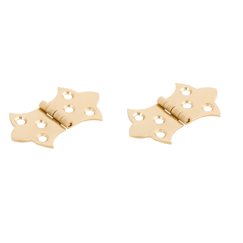 Pair of miniature brass decorative hinges with scalloped edges for home improvement hardware projects under $50