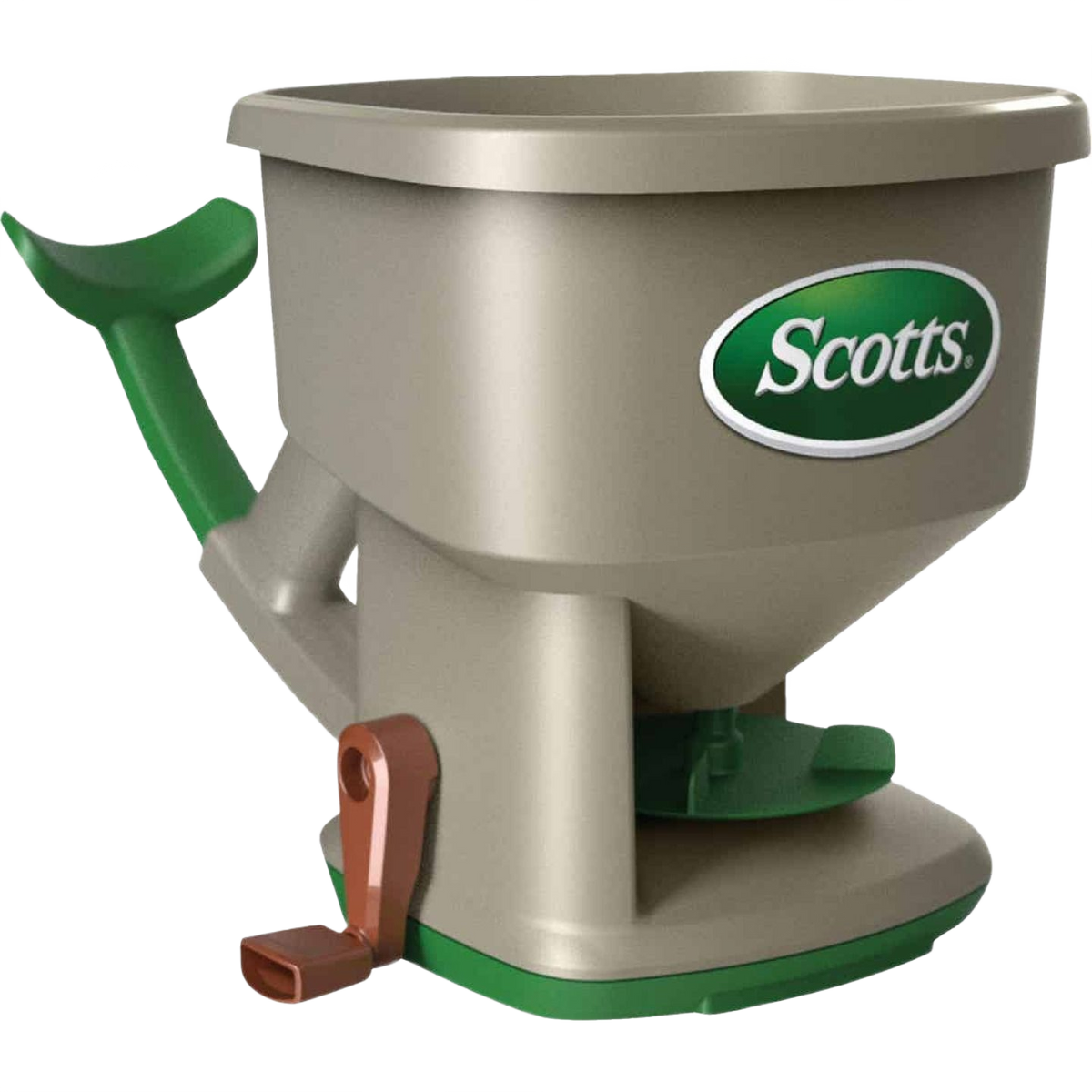 Compact hand-powered spreader with green handle and brown crank for lawn care and garden tool use under $50 collections
