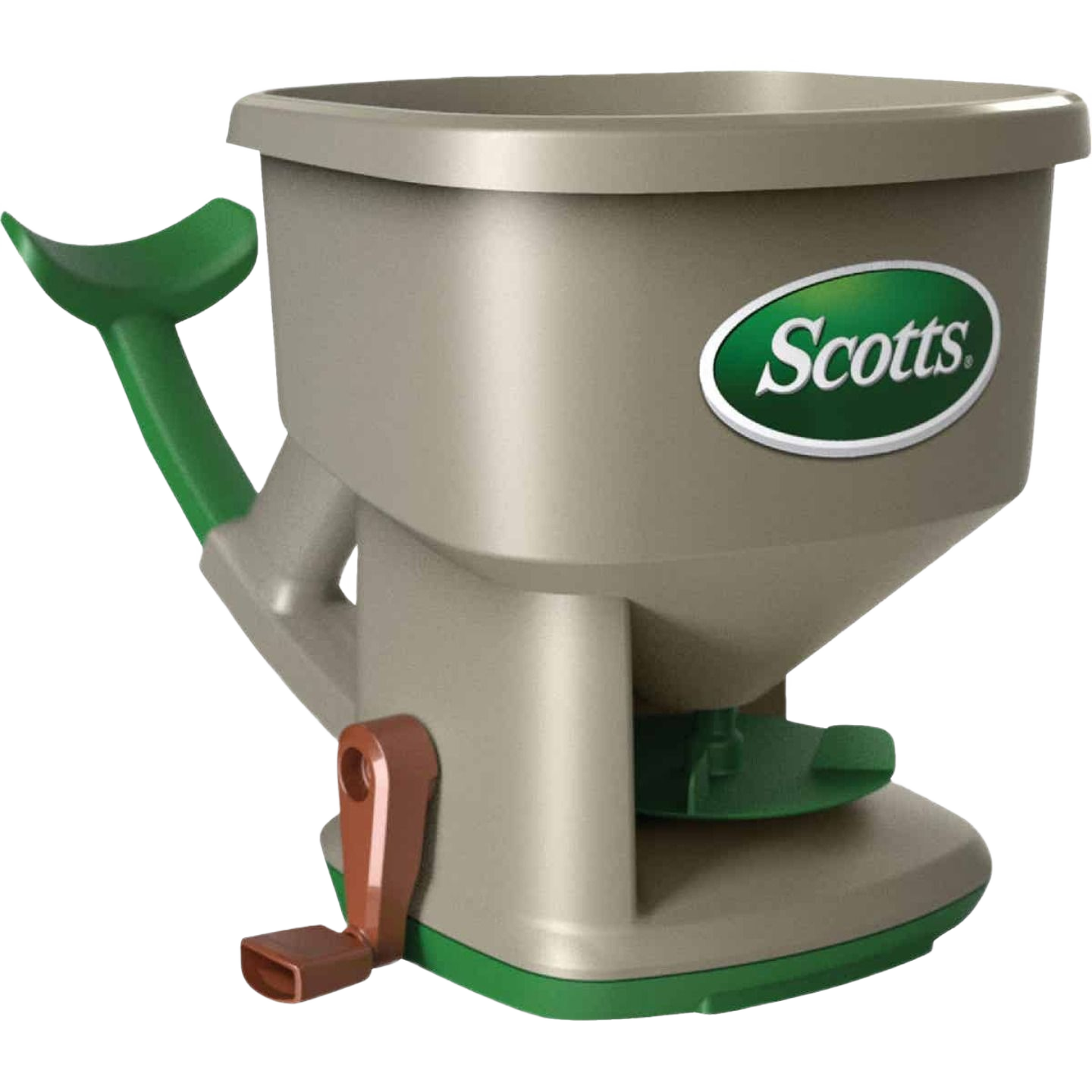 Compact hand-powered spreader with green handle and brown crank for lawn care and garden tool use under $50 collections