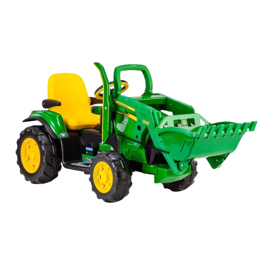 Child-size green and yellow loader toy with front scoop designed for outdoor play and motor skills development