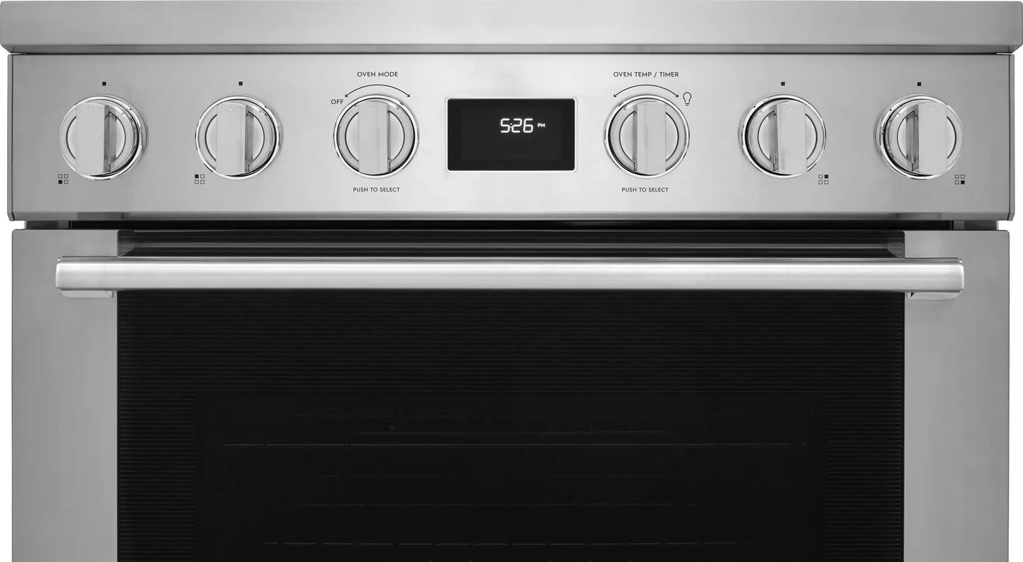 Stainless steel 30-inch freestanding induction range control panel with digital clock and six control knobs in ranges collection