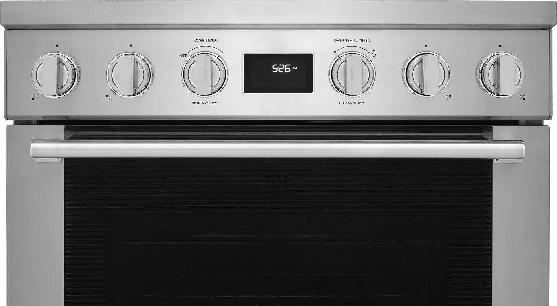 Stainless steel 30-inch freestanding induction range control panel with digital clock and six control knobs in ranges collection