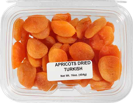 Clear plastic container filled with bright orange dried Turkish apricots for candy and food under $50
