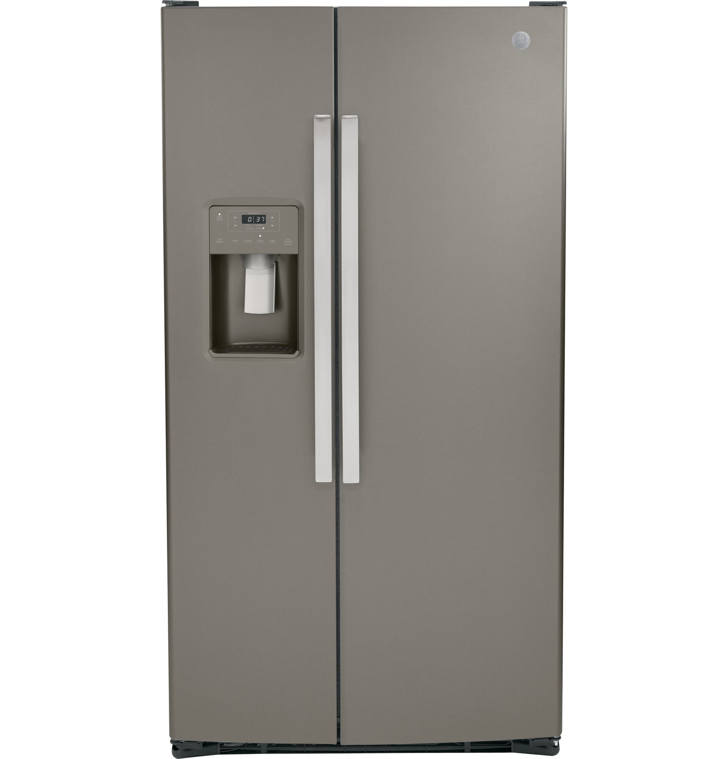 Gray side-by-side refrigerator with water dispenser and digital controls from appliances and kitchen collections