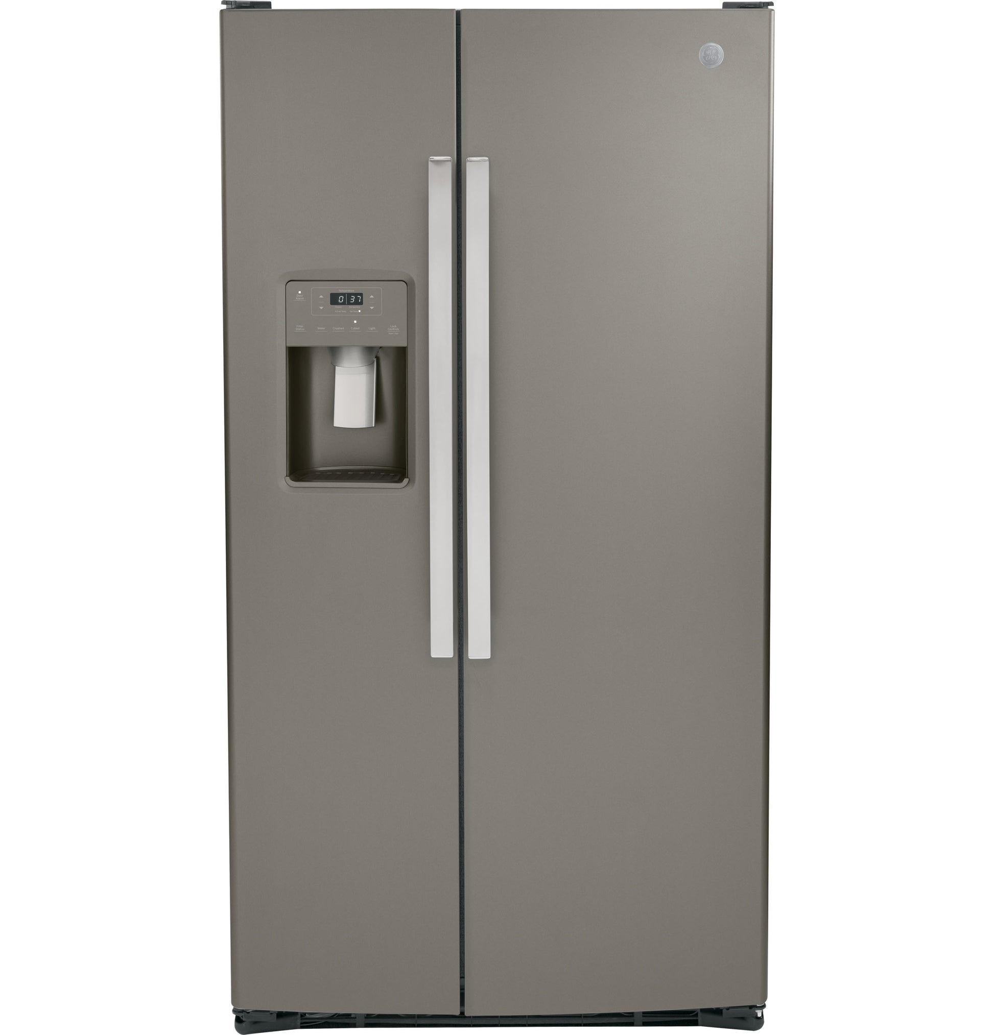 Gray side-by-side refrigerator with water dispenser and digital controls from appliances and kitchen collections