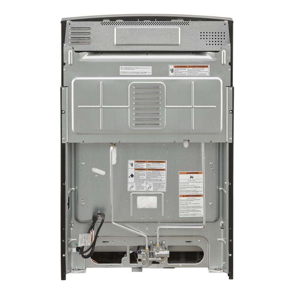 Rear view of a 30-inch gas range showing metal panel, ventilation, and gas connection in kitchen appliances collection