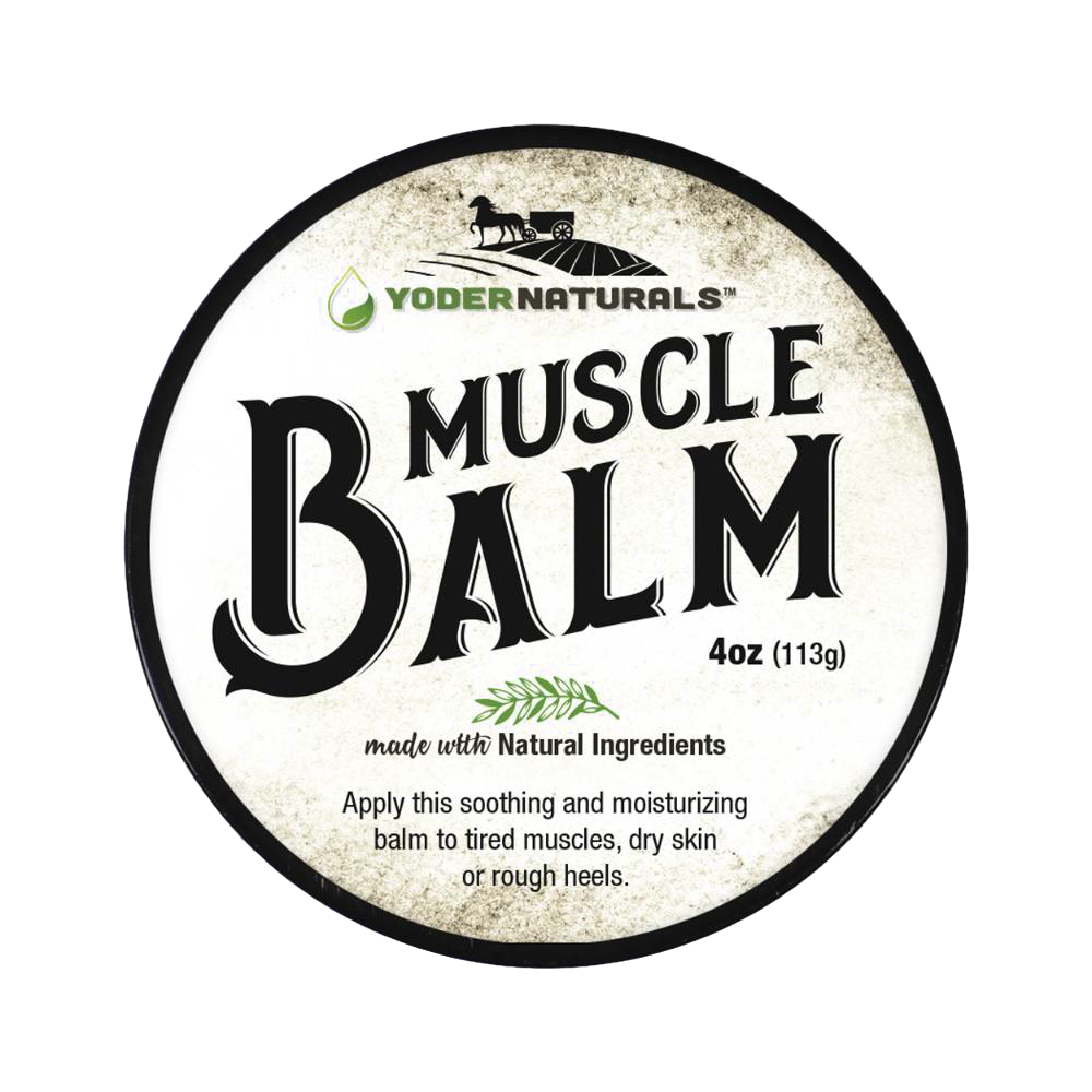Round 4 oz container of Yoder Naturals muscle balm with rustic white label in Health & Beauty under $50 collection