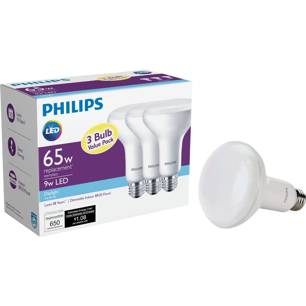 Three-pack of Philips BR30 LED daylight floodlight bulbs beside one single bulb, part of LED light bulbs under $50 collection