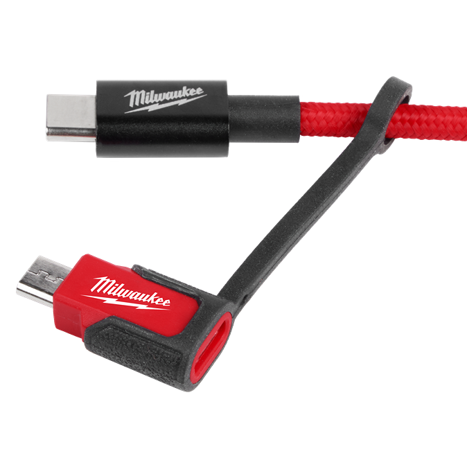 3ft red braided cable with USB-C and angled Micro USB connectors featuring Milwaukee logo for tools and home improvement