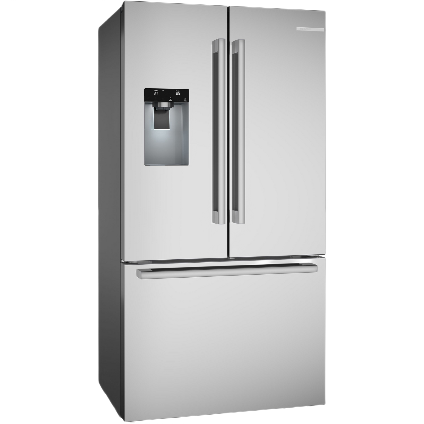 36-inch stainless steel French door refrigerator with water dispenser and bottom freezer, ideal for kitchen appliances.