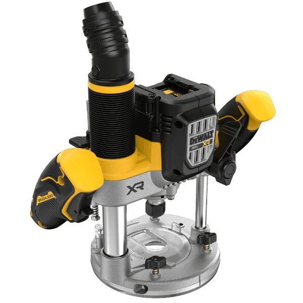 Cordless plunge router with yellow and black housing for woodworking and home improvement tool applications
