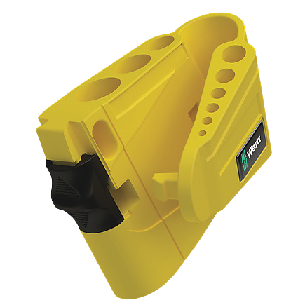 Compact yellow hex key holder with multiple slots designed for organized storage of SAE L-keys in home improvement tasks