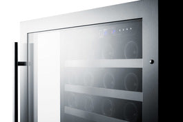 Built-in dual zone wine cellar with tinted T4 glass door, stainless steel handle, and digital control panel from Appliances collection