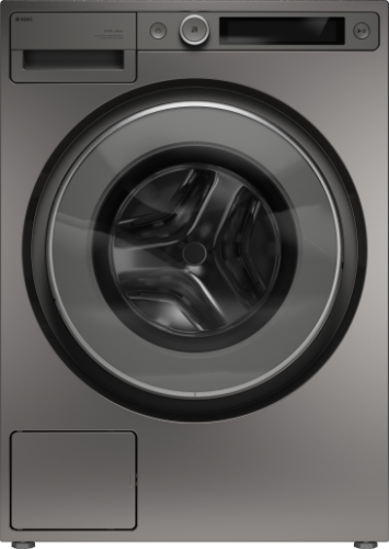Front view of a titanium gray front load washing machine with a large circular door and digital controls, featured in Front Load Washers, Washers, Appliances, All Products, and Washers & Dryers at Hartville Hardware.