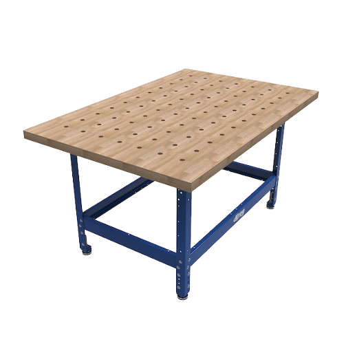 Sturdy woodworking bench with hardwood top featuring spaced dog holes and blue metal frame for tool stands and home improvement tasks