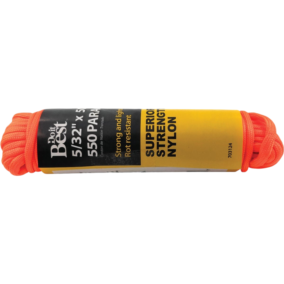 Bright orange nylon paracord rope with durable packaging for general use in tools and home improvement tasks