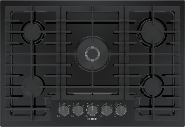 Black 30-inch gas cooktop featuring five burners and control knobs in a modern kitchen appliance collection