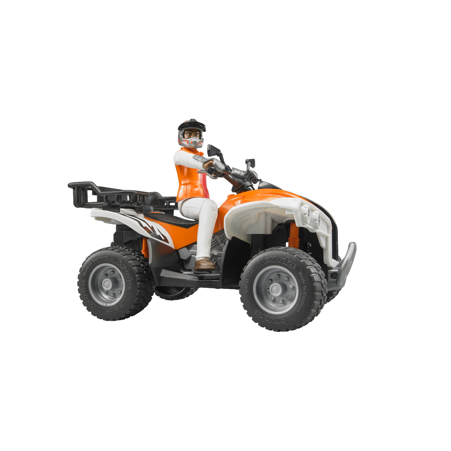 Orange and white detailed quad bike toy with driver figure wearing helmet from Bruder Toys in Vehicles & Remote Controlled Toys collection