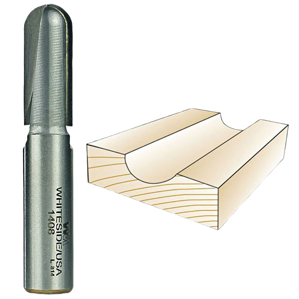 Carbide-tipped core box router bit for shaping rounded grooves in wood, part of tool accessories and drill bits collections