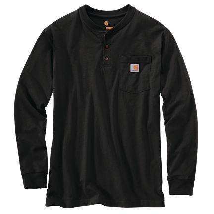Men's black heavyweight long-sleeve henley with relaxed fit, three-button placket, and chest pocket with logo, part of Carhartt men's long-sleeved shirts under $50.