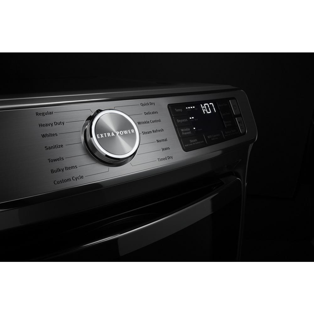 Dial knob set to Extra Power on sleek gray gas dryer control panel with digital display in Dryers and Appliances collections