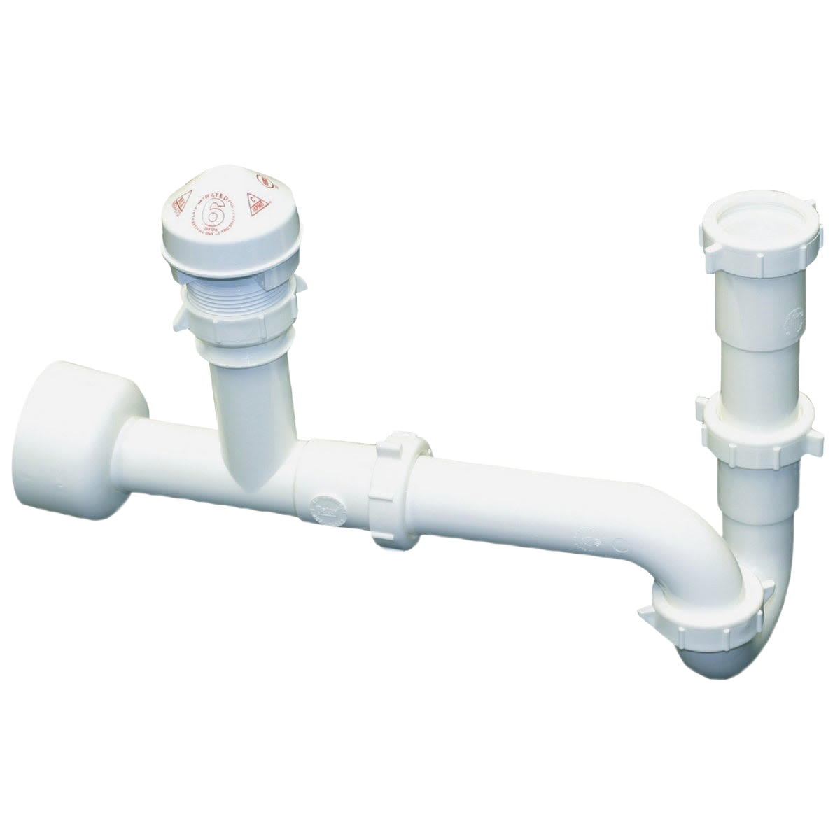 White PVC plumbing air admittance valve kit with pipe fittings for drain repair and plumbing accessories.