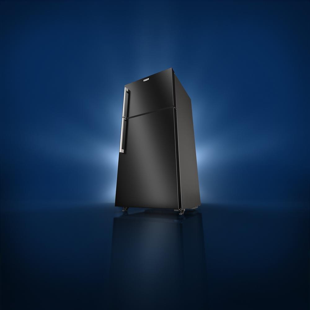 Matte black top-freezer refrigerator with vertical handle, designed for kitchen and home improvement appliance collections