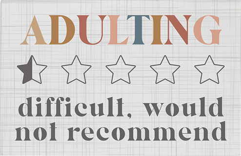 Wooden decor rectangle with whimsical "Adulting difficult, would not recommend" text and half-star design for home accents under $50