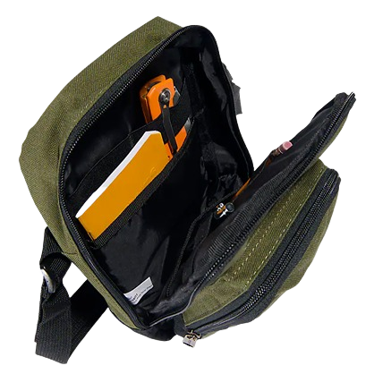 Olive green crossbody bag with multiple compartments, zip closures, and adjustable black strap for organizing tools and essentials