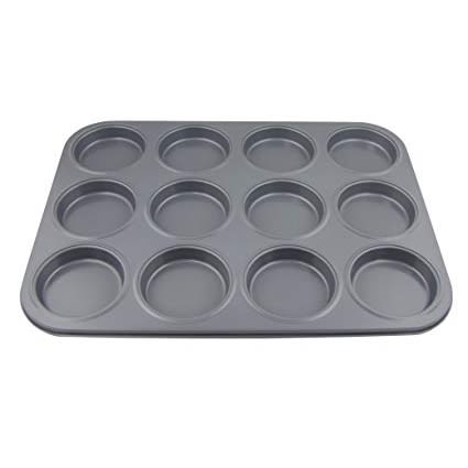 Non-stick gray metal baking pan with 12 shallow molds for kitchenware and bakeware under $50 collection