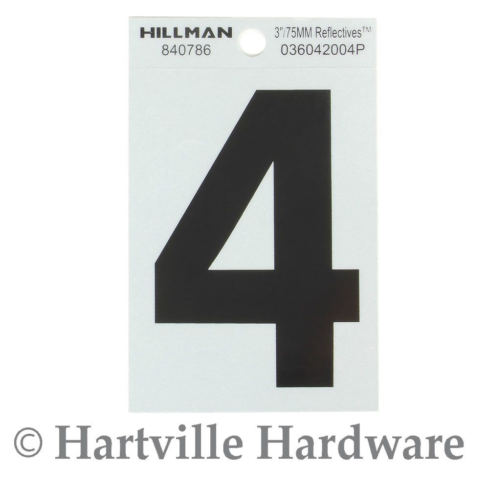 Black adhesive house number 4 with silver reflective backing, suitable for hardware and home improvement under $25 collections