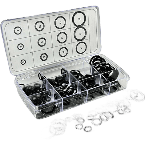 Clear plastic organizer box with assorted black O-rings for plumbing repair in multiple sizes under $50