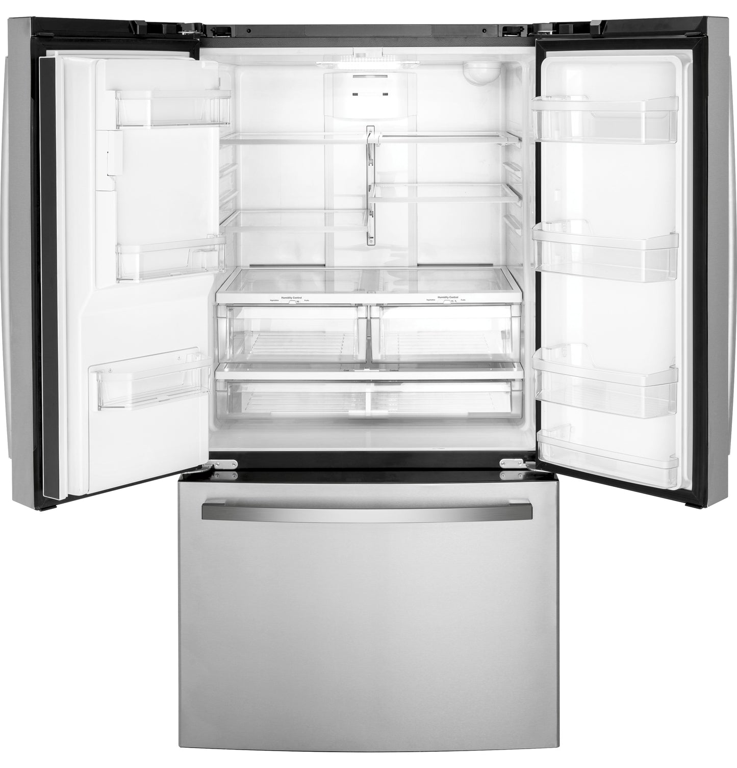 Open stainless steel French-door refrigerator with spacious adjustable shelves and clear crisper drawers from kitchen appliances collection