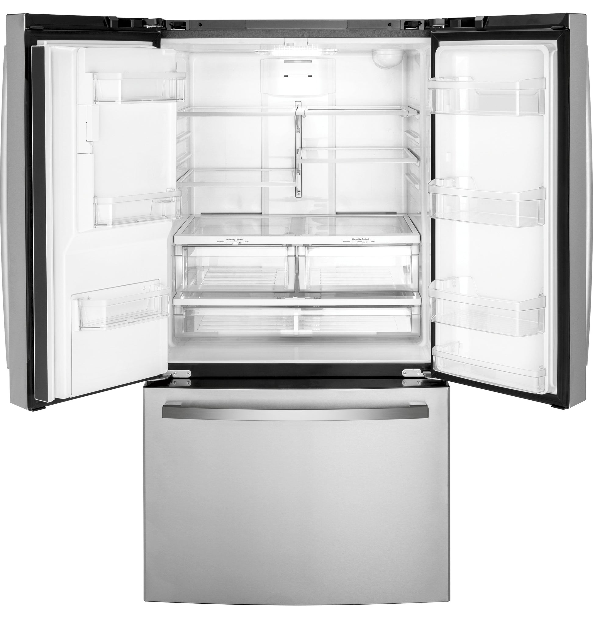 Open stainless steel French-door refrigerator with spacious adjustable shelves and clear crisper drawers from kitchen appliances collection